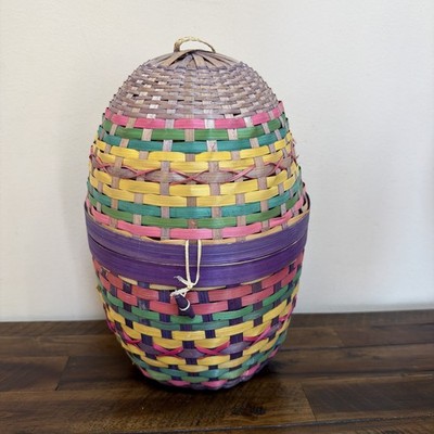 Vintage Handwoven Lidded Easter Egg Basket Colorful Reed Folk Art Large 13 