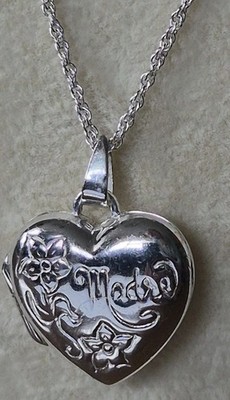 SU Heart Locket  Engraved W/ ''Madre''  Flowers  Sterling 15.5'' Chain Thailand