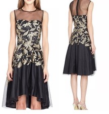 TAHARI Evening Midi Dress SIZE 6 Sheer Black/Goldl Embroidery NEW W/TAGS