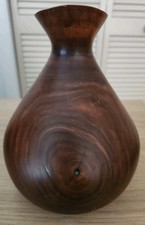 One Of A Kind R. Gundel Handmade Handcarved Walnut Wood Vase 8 Inch Tall