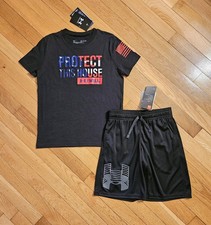 NEW Under Armour Youth Big Boy Tee Drawstring Short Set, Black YXS-7