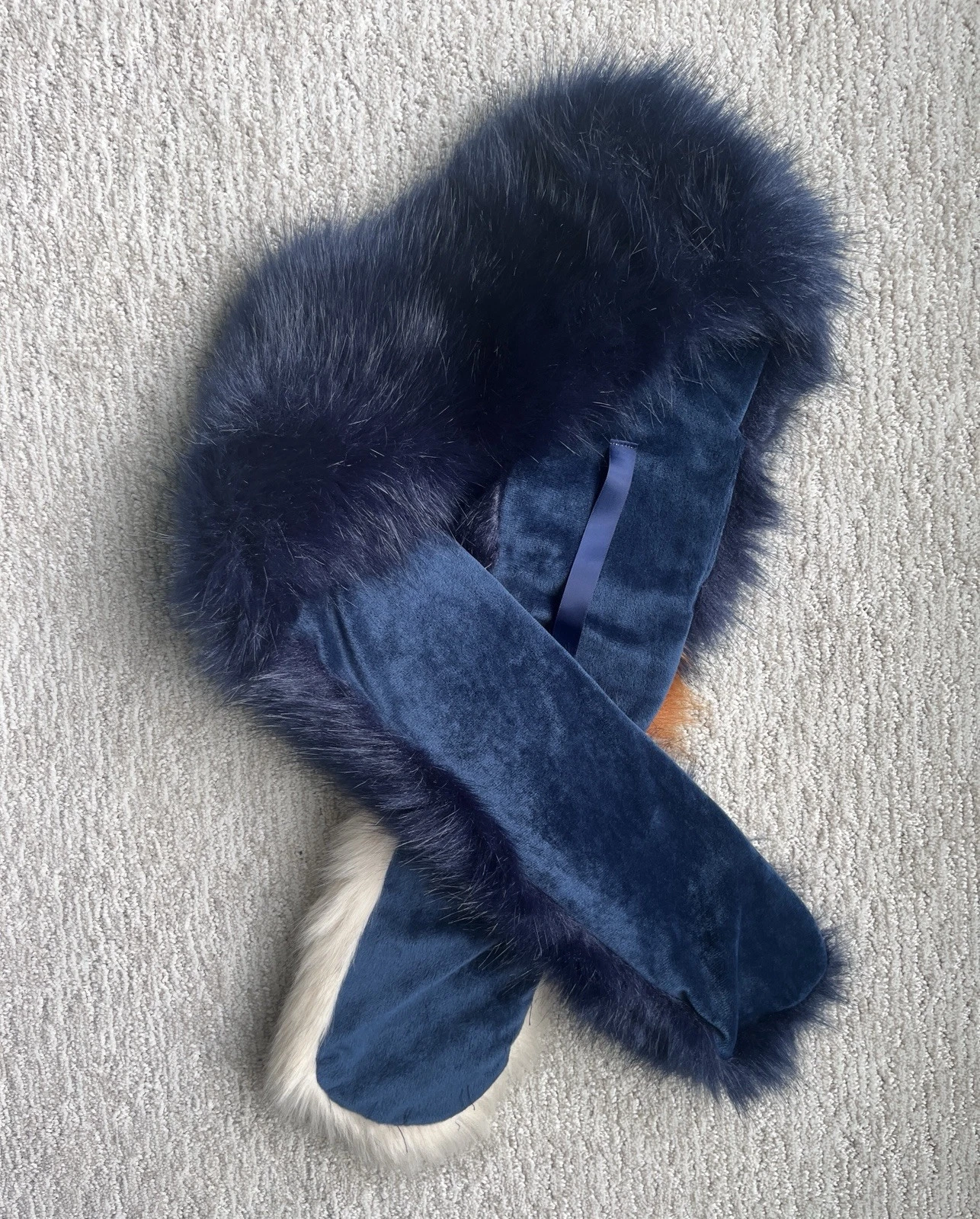 FREE PEOPLE JAGGER FAUX FUR SCARF COLLAR Blue Navy Brown / 55" X 5"
