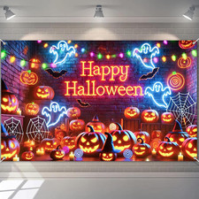 Halloween Banner 71X43 Inch Happy Halloween Sign with Neon Ghost Pumpkin Lights