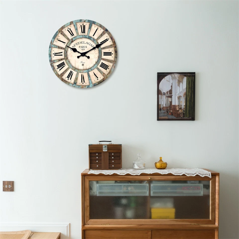 Reloj de pared de madera con número romano vintage, decoración de reloj de cuarzo grande silencioso Foto 4 de 4