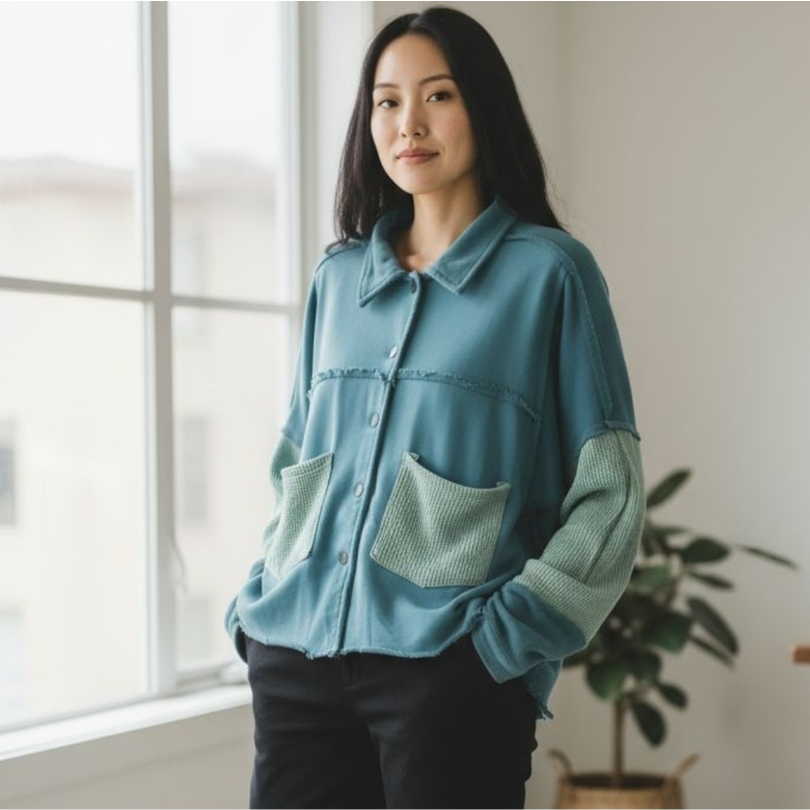 POL Boho Patchwork Button Down Shirt Jacket Green… - image 1