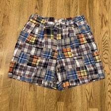 J Crew Patchwork Pleated Shorts Size 34 Fits 32 Madras Plaid Oarsman Vintage Vtg