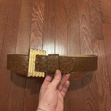90s Womens Brown Premium Leather Gold Buckle Chunky Belt Made in USA Length: 34