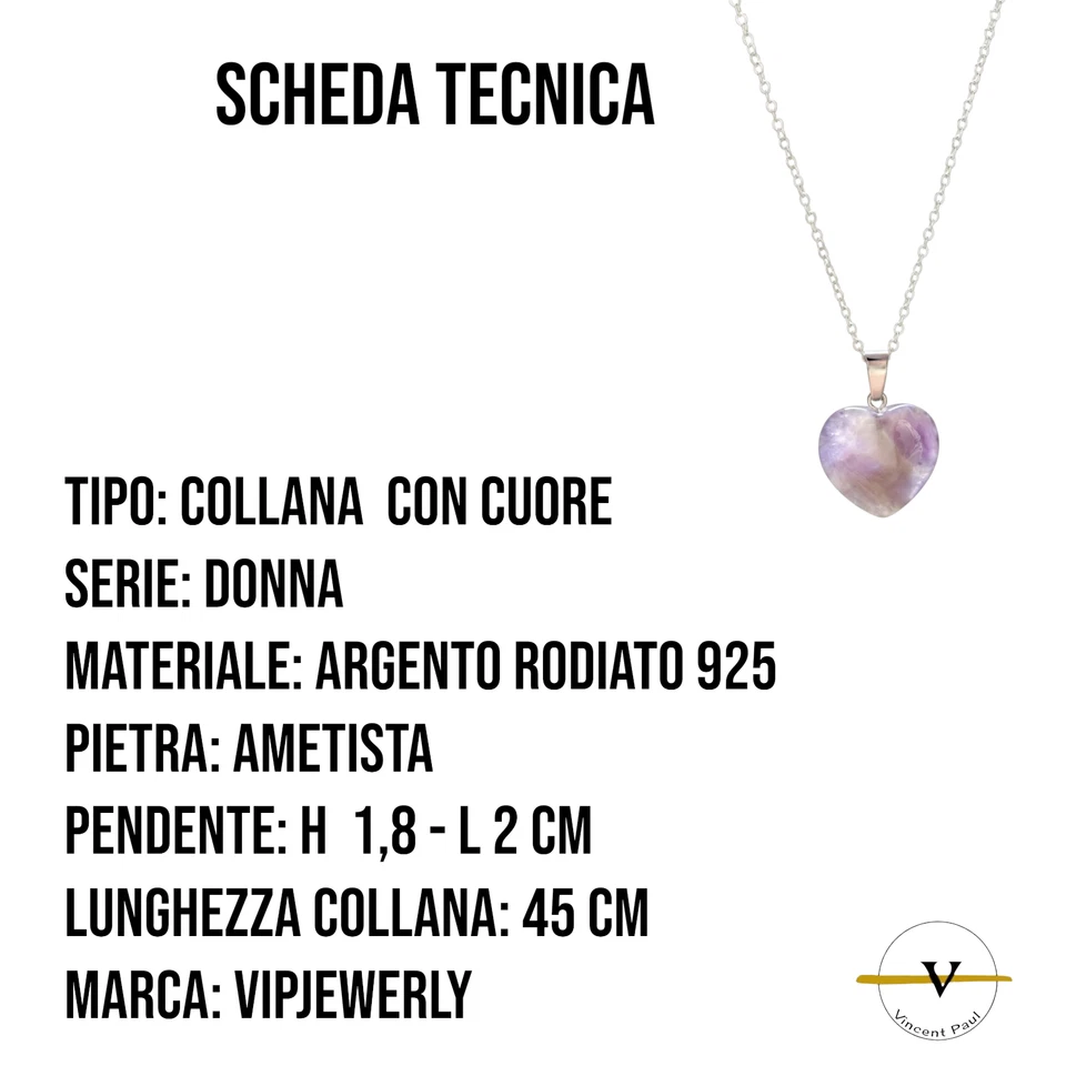 COLLANA DONNA  ARGENTO 925 RODIATO PIETRA NATURALE AMETISTA FORMA DI CUORE - Immagine 4 di 4