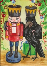 ACEO NUTCRACKER CHRISTMAS RAVEN CROW RYTA ART PRINT OF PAINTING TREE HOLIDAY