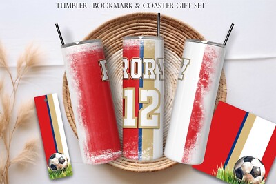 Personalisierter Arsenal-Thermobecher, Lesezeichen und Untersetzer, Geschenkset, Fußball