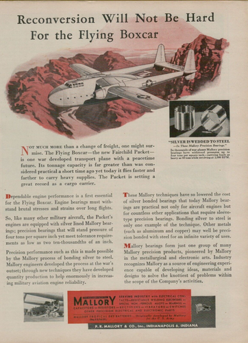 1945 P. R. Mallory Bearing Batteries Flying Boxcar Reconversion VINTAGE PRINT AD