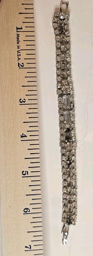 Vintage Unsigned Bracelet, Three Rows Crystal Rhinestones Silver Toned Beautiful - Picture 9 of 10
