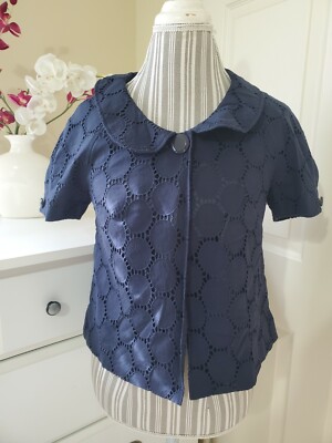 Ann Taylor LOFT Womens Navy Eyelet Cotton Top Crop Blazer Short Puff Sleeve sz.4