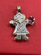 14K WHITE YELLOW GOLD w/ RUBY JULY BIRTHSTONE GIRL KID CHILD CHARM PENDANT NEW