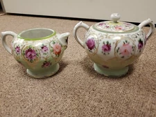 Vintage Creamer & Sugar Bowl, Pink Roses, large size, green, white, gold, pink