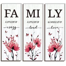 3 PCS Red Bathroom Wall Signs Flower Wooden Art Family Quotes 12x4 Inch