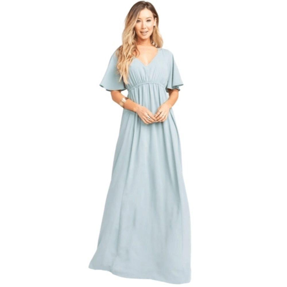 Show Me Your Mumu Emily Empire Maxi Dress in Silver Sage Crisp