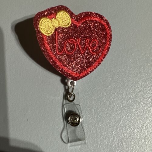 Valentines Glitter Fabric Badge Reel with Snap Clip with (Love Heart Bow)