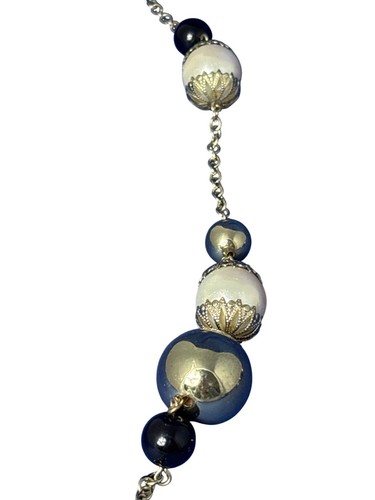 Chunky Beaded Chain Necklace Goldtone Faux Pearl Black Plastic 44 - 47 inches - Picture 3 of 5