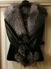 Designer Leather Coat With Arctic Fox Fur Collar And Trim / Cuffs Cost 785 Euro