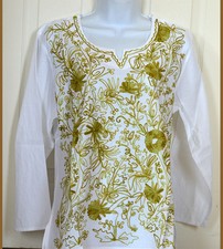 Embroidered White Cotton Tunic Top Kurti Long Sleeve Blouse from India