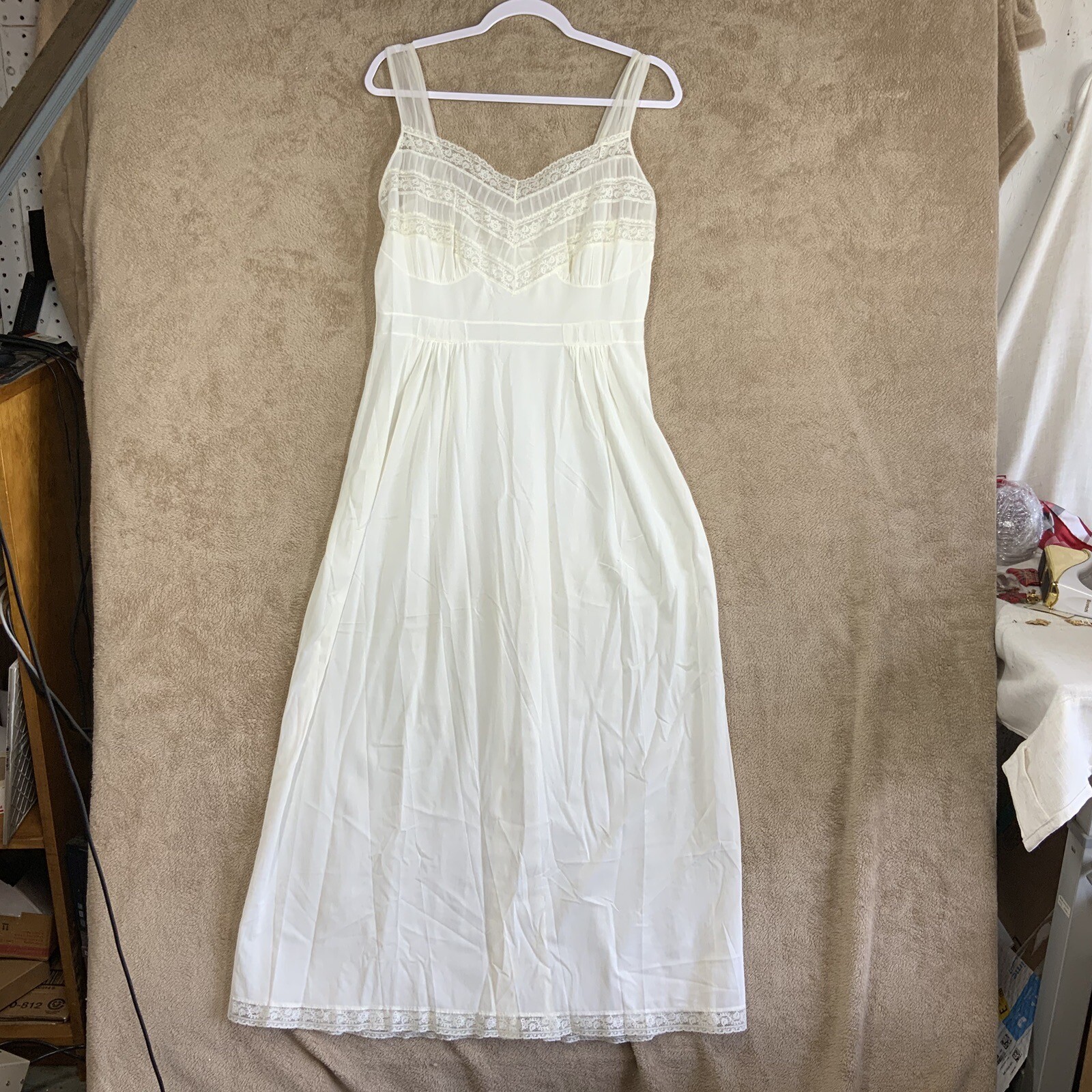 VTG Ivory Long Nylon Nightie Nightdress Sz 38 KAYSER Luxite Coquette Fairy Sexy