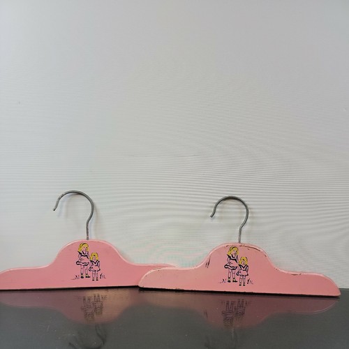 Vintage Pair Pink wooden Baby Hangers Little Girls Yellow Hair 10 1/4" - Picture 1 of 6