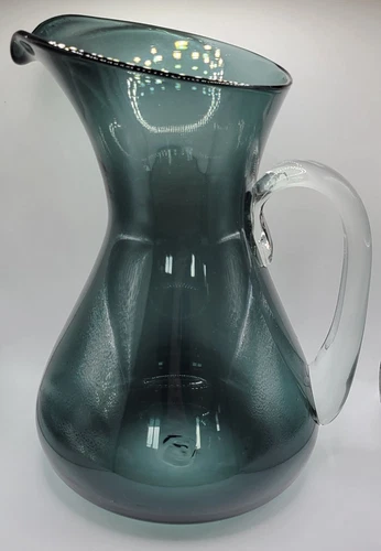 Blenko #546 Charcoal Art Glass Pitcher With Crystal Handle 10.5"