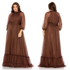 Mac Duggal NWT High Neck Puff Sleeve Tiered A Line Gown Chocolate Brown Size 18W