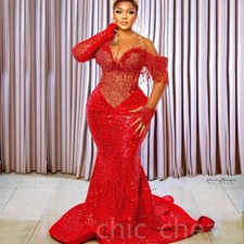 Long Sleeved Aso Ebi Mermaid Ball Dress with Beaded Crystal Lace Evening Gown
