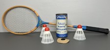 Vintage Wooden Blue Ribbon Badminton Racket with 3 Shuttlecocks and Carlton Tin