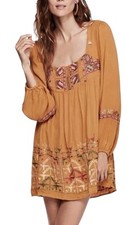 Free People Dress Yellow Rhiannon Embroidered Babydoll Mini Tie Back Boho XS