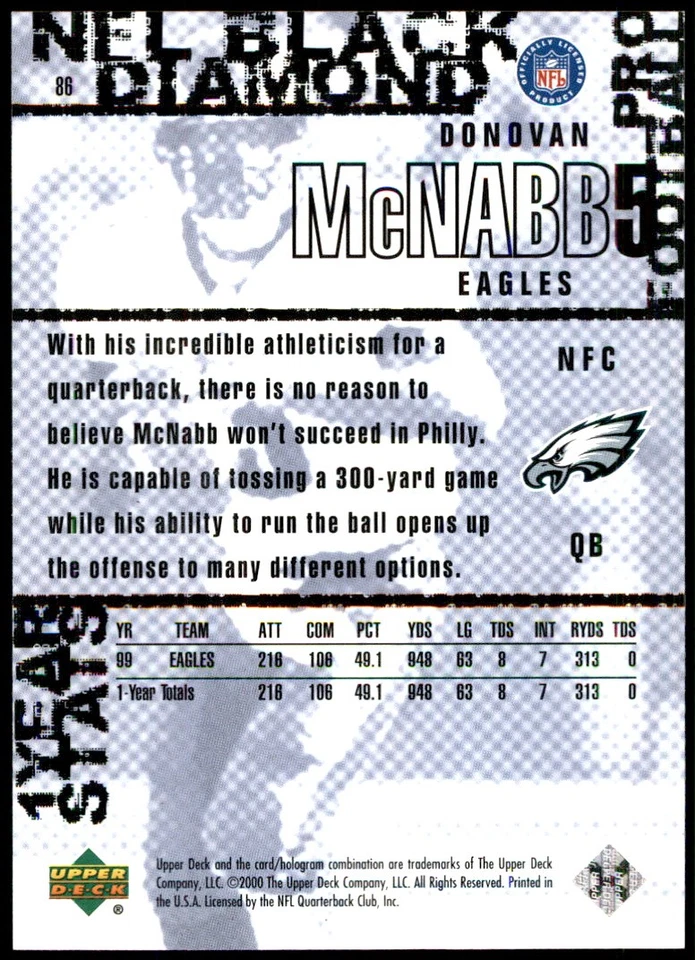 Donovan McNabb 2000 Upper Deck Black Diamond #86 Eagles NFL READ - Image 2 of 2