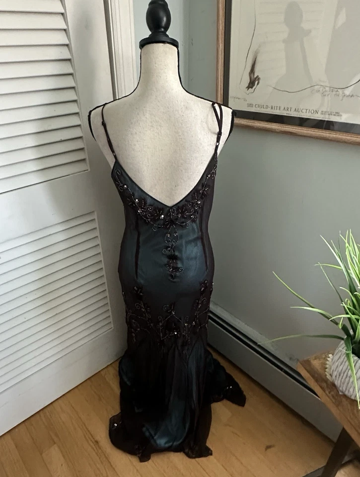 Vestido Papell Vintage Mujer 12 Vestido Azul Marrón Cuentas Y2K Hada Gótico Capricho Foto 4 de 4