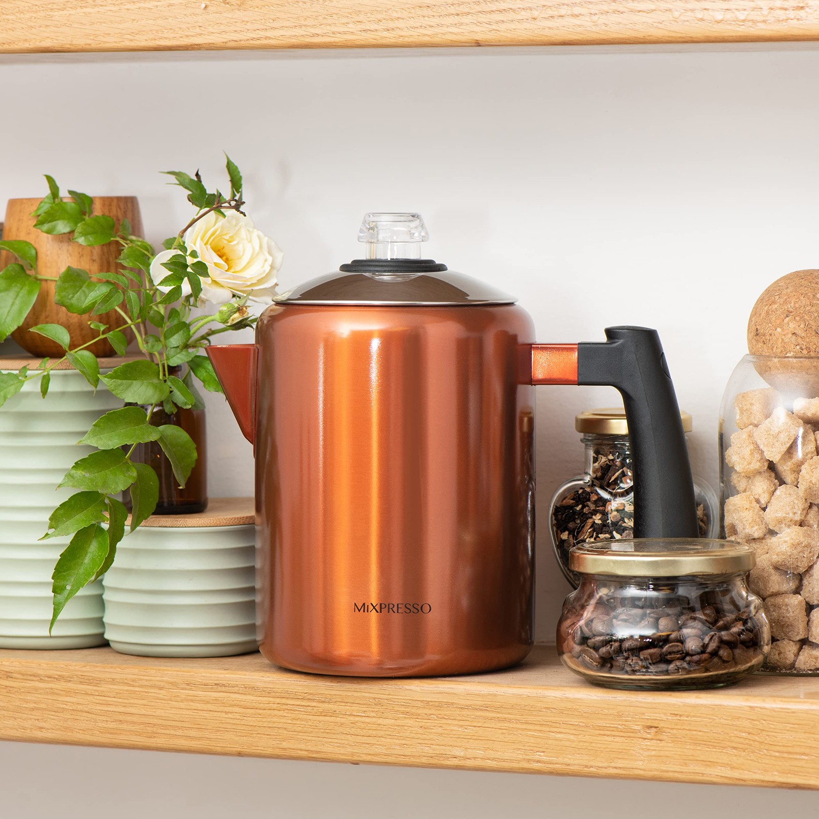 Mixpresso Copper Stainless Steel Coffee Percolator Stovetop 37oz Classic Percola