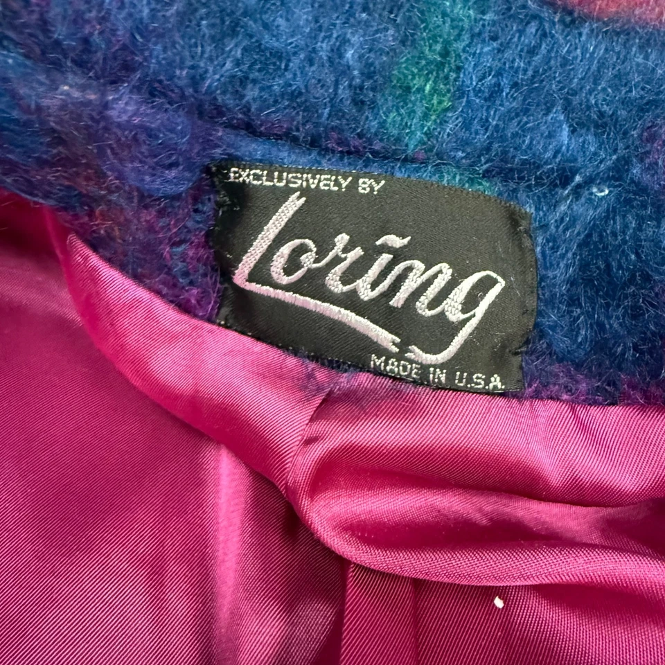 Abrigo Mohair Vintage Años 60 Cuadros Hecho en Unión EE. UU. Chaqueta Rosa Azul Mujer XL Atomic Foto 3 de 4