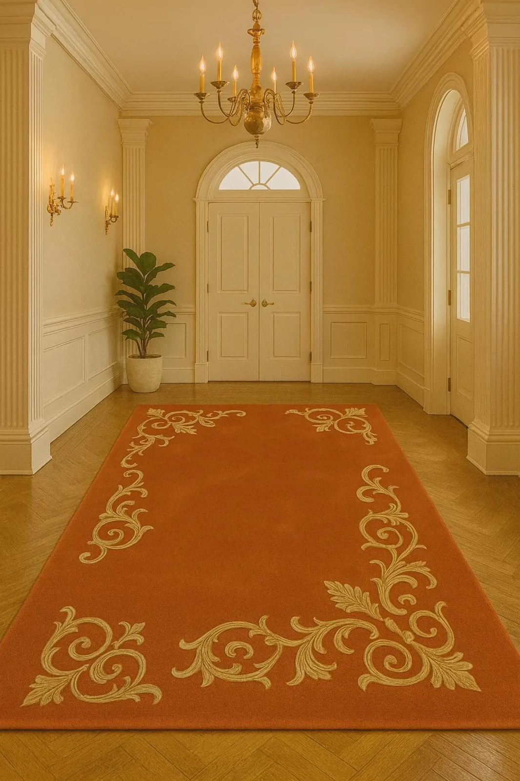 Hand-Tufted Wool Rug: Red & Gold Scroll Border, Traditional Décor