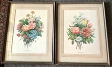 Pair of Jean Louis Prevost (JL Prevost) Flower Bouquet Print Ornate Frame 1950’s