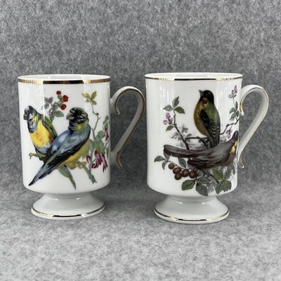 Royal Crown Pedestal Coffee Mugs Set Of 2 Birds Floral Porcelain Gold Trim