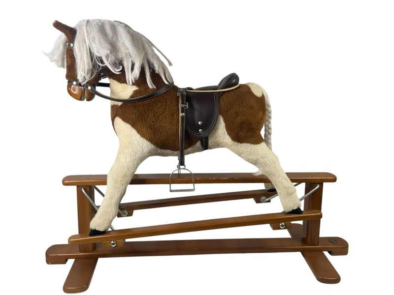 MJ Mark Wooden Rocking Horse With Saddle & Bridle - Brown & White Pony Plush Toy