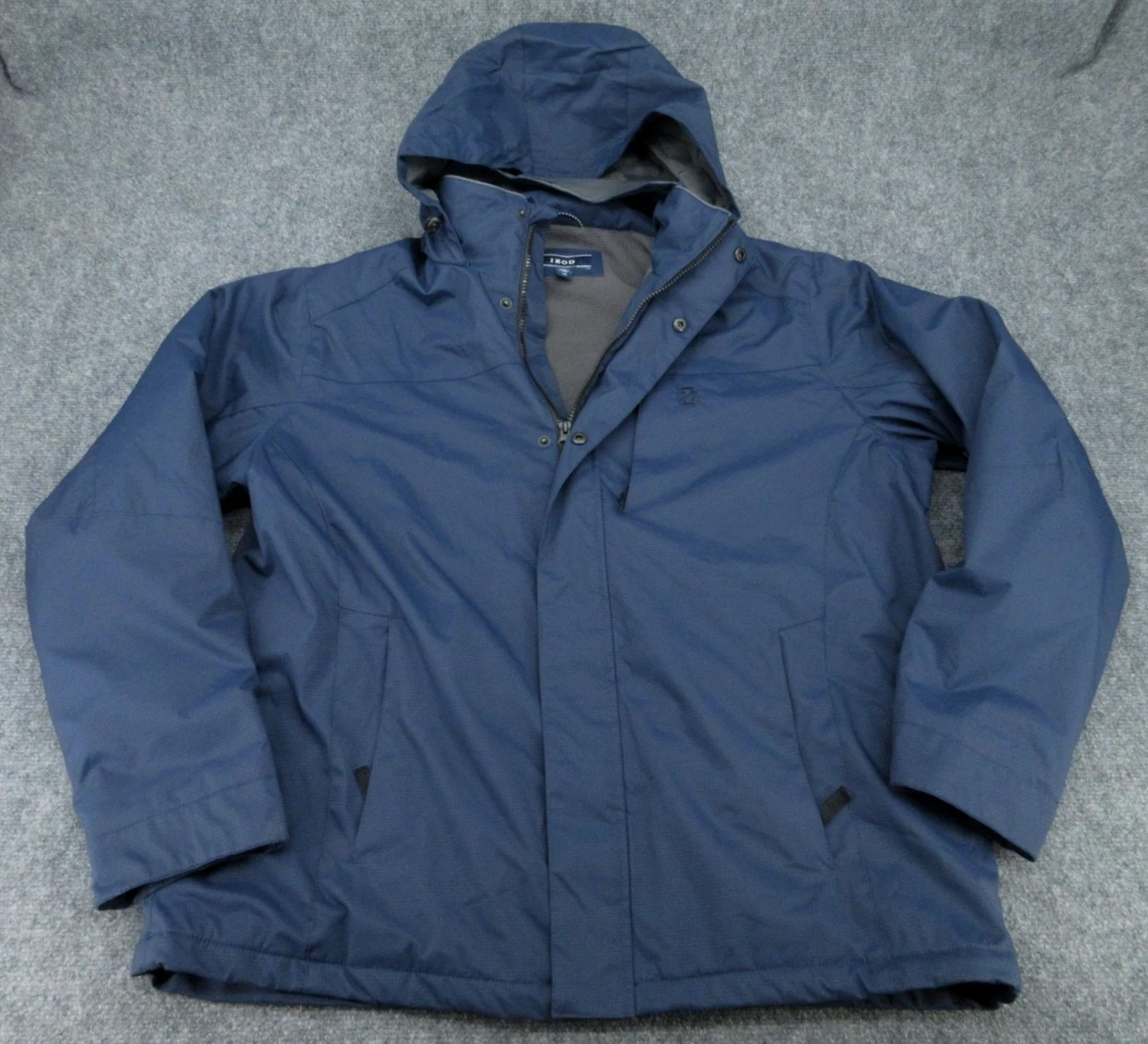 IZOD Hooded Jacket Mens Large Navy Blue Fleece Lined Zip Pockets Parka Windproof