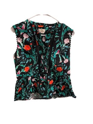 Kate Spade Black Floral Colorful Hummingbird Jardin Poplin Top M