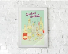 But First Cocktails Printable Wall Art, Retro Bar Cart Decor, Vintage Pastel