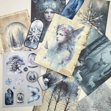 Winter Forest Goddess Stickers Tag Paper Set Junk Journal Collage