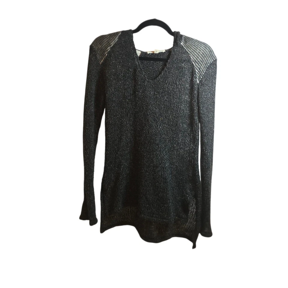 Suéter Largo Antorcha Ardiente Con Capucha Tejido Abierto S Gris Cuello Boho Lujo Urbano Artístico Foto 2 de 4