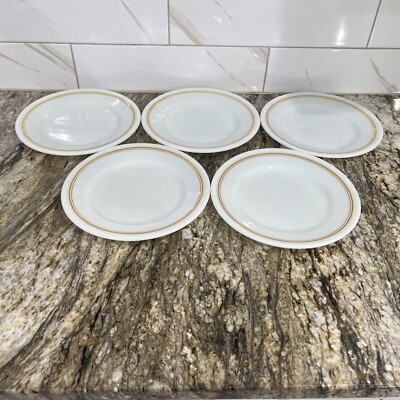 Pyrex Tableware by Corning Gold Stripe 9'' Lunch or Dinner Plates Set of 5 USA