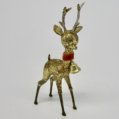 Vintage Christmas 1960s deer reindeer figure gold glitter plastic 6'' MCM bell