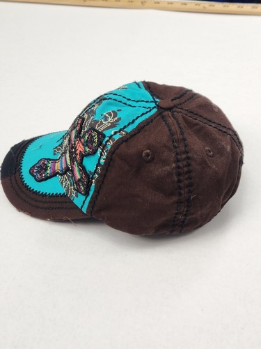 Way West Juniors Stitched Aztec Cross Distressed Hat Brown & Teal - Picture 2 of 9