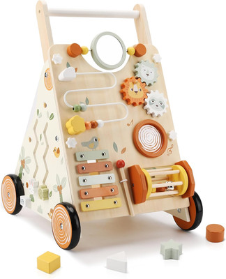 Wooden Baby Walker, Baby Push Walker with Activity Center for Girls Boys, Push W