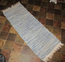 Hand Loomed DENIM BLUE RAG RUG Hallway Runner Vintage Farm Table Cloth 58 x 22"